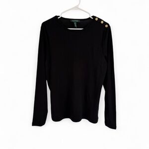 Lauren Ralph Women's Top Pullover Long Sleeve XL Black Gold Buttons Preppy